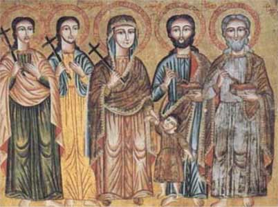 Icons of Saints Cosmas and Damien, with their brothers (Anthimus, Leontius, and Euprepius) and their mother, the widow Theodota.  All were martyered  in the year 303.