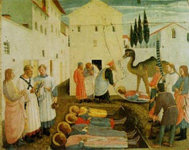 A painting depicting the burial of the martyred saints Cosmas and Damien (foreground), along with their three brothers (one in the background).  They were buried in Cyrus (in Syria) and a basilica was built over their tombs.  Their feast day is September 27.