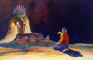 Virgil Nez's painting of a grandma praying and giving an offering to the Yei'bi'chi (prayer warriors).