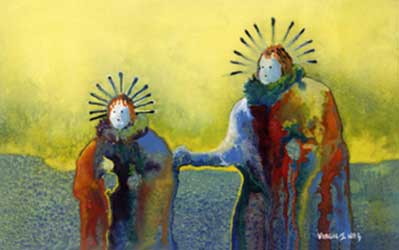 Painting by Virgil Nez, depicting two Yei'bi'chi dancers coming home at dawn after an all night ceremony.