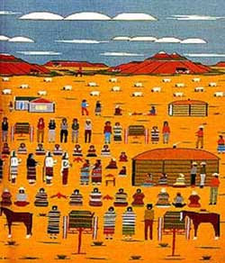 Right half of a large pictorial style rug, woven Navajo elder Isabel John, depicting the ninth and final day of the Yei'bi'chi.' healing ceremony.